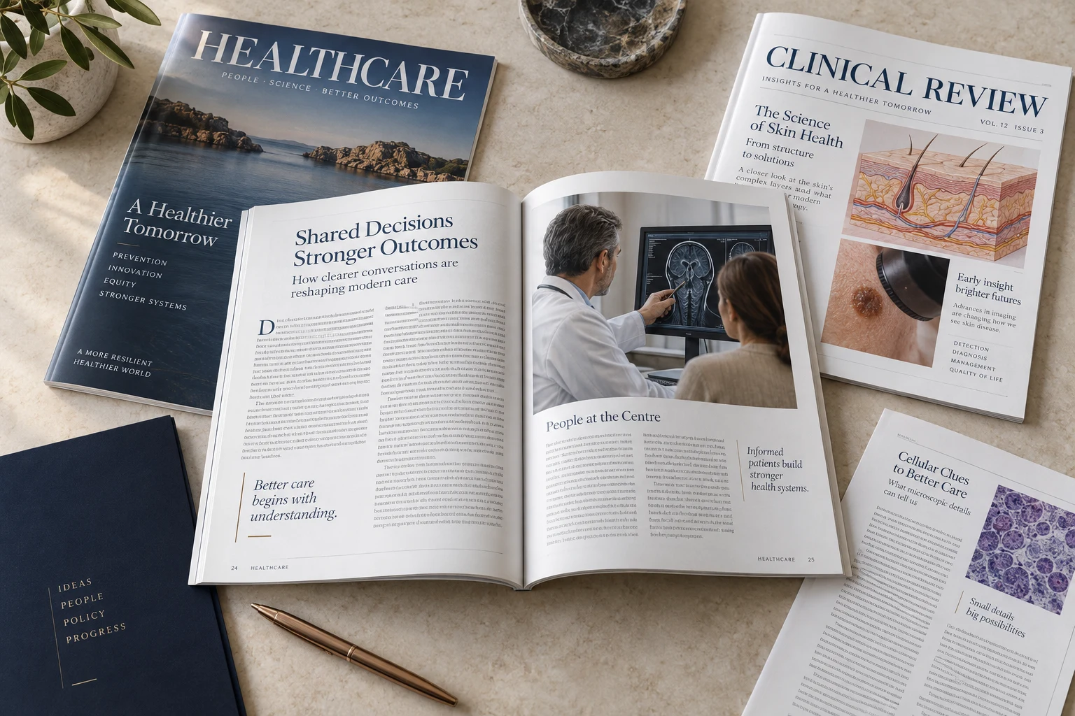 Illustrative arrangement of healthcare magazines and printed articles featuring a clinical consultation, skin anatomy, dermatoscopy, and microscopy images.