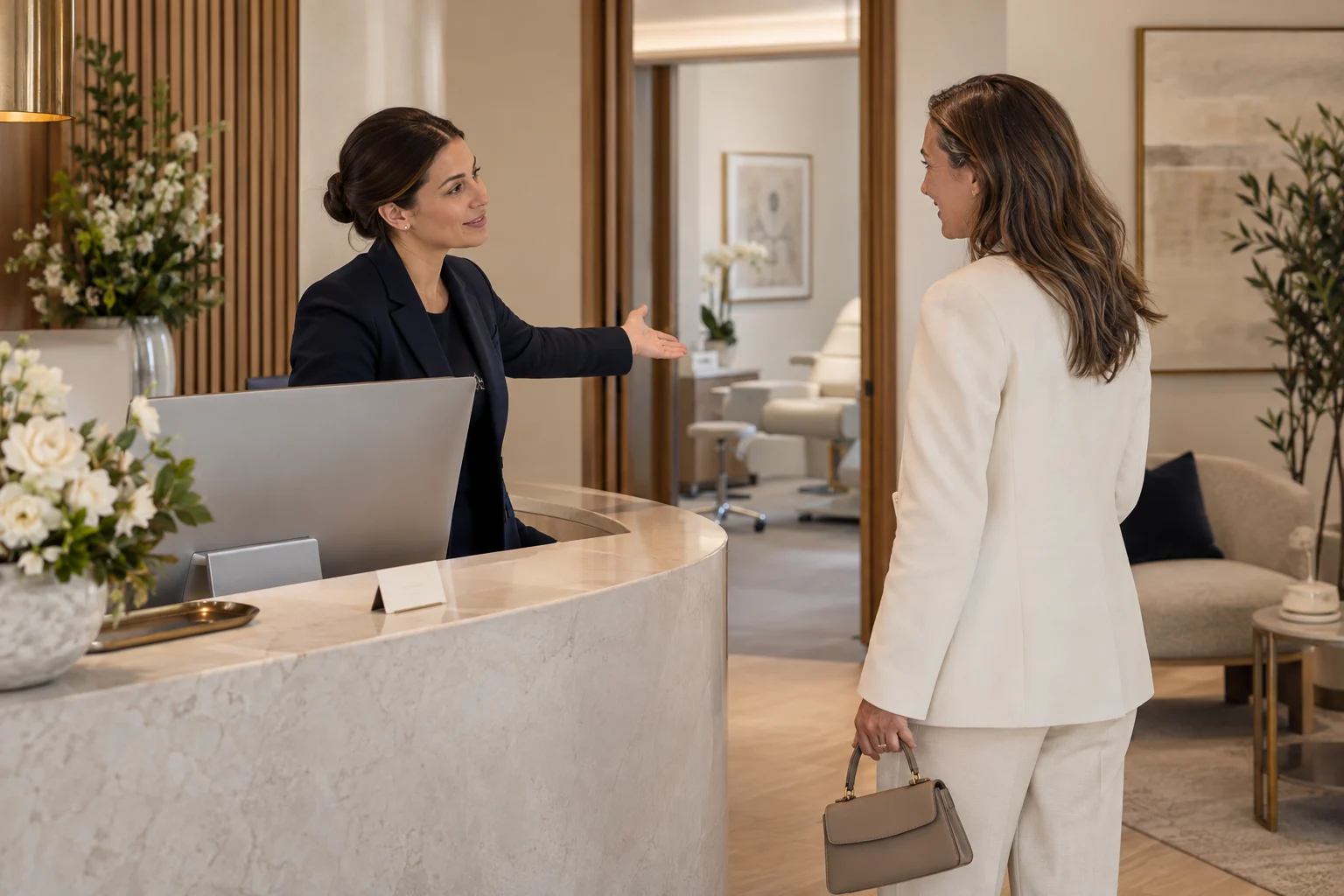 Illustrative scene of a receptionist welcoming a patient to a medical practice for a consultation.