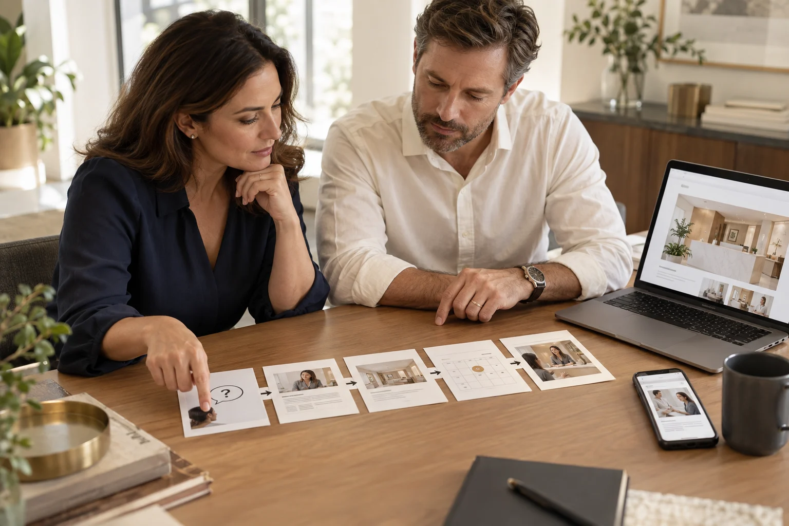 Illustrative scene of two communications professionals planning a sequence of patient information, website content, and appointment steps.