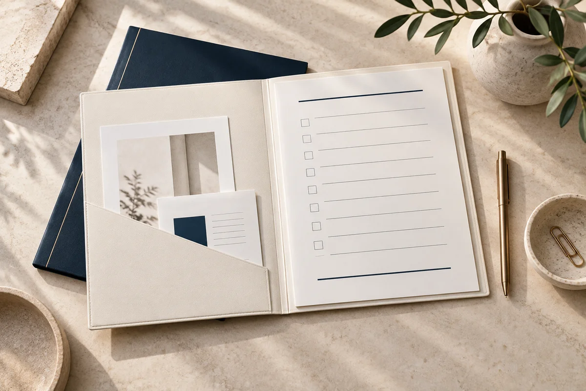 Illustrative governance review folio with a checklist, navy cover, and bronze pen.