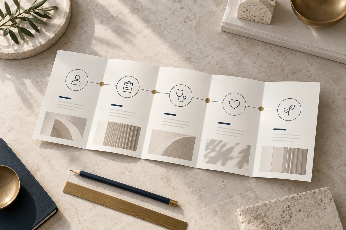 Illustrative patient journey foldout with five connected stages on ivory paper.