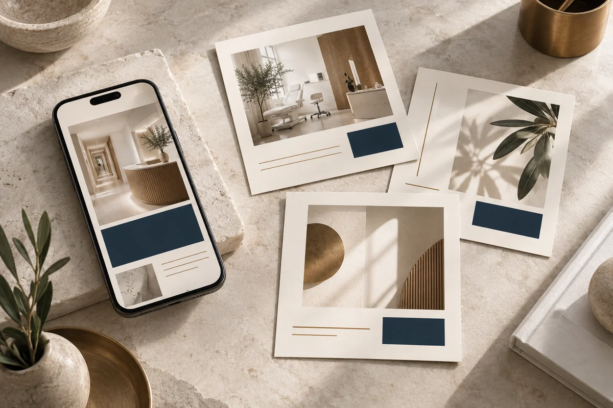 Illustrative practice content collection with a smartphone and coordinated architectural image cards.