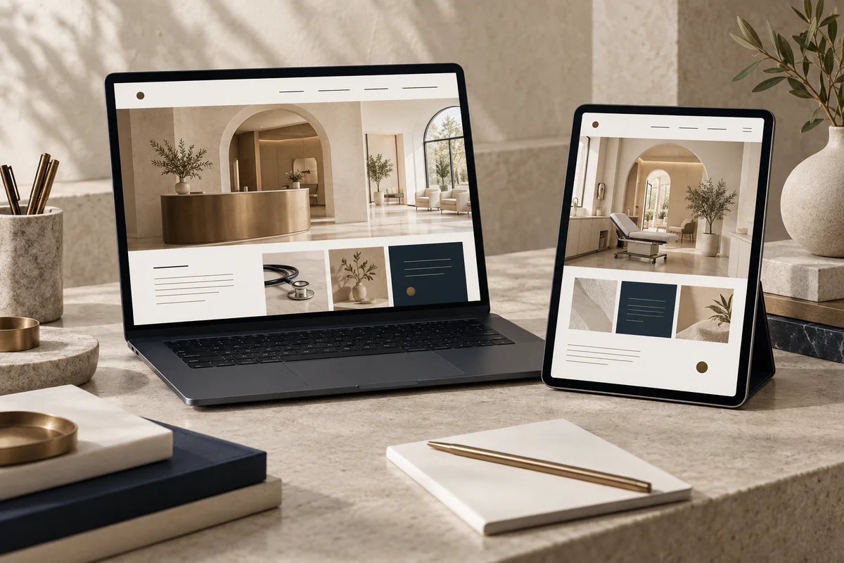 Illustrative practice website design displayed on a laptop and tablet in warm architectural surroundings.